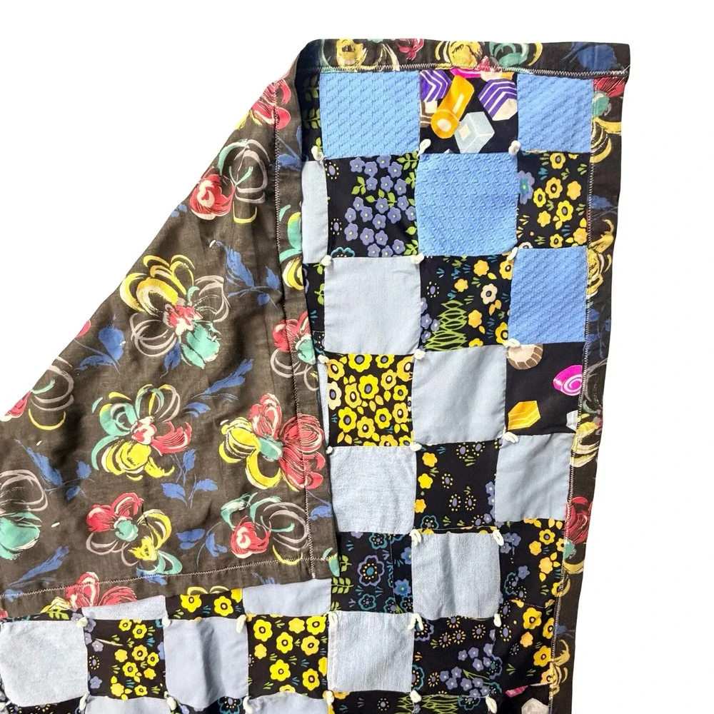 Vtg Handmade Patchwork Tied Quilt Blanket Floral Geometric Cottagecore Boho Lap‎